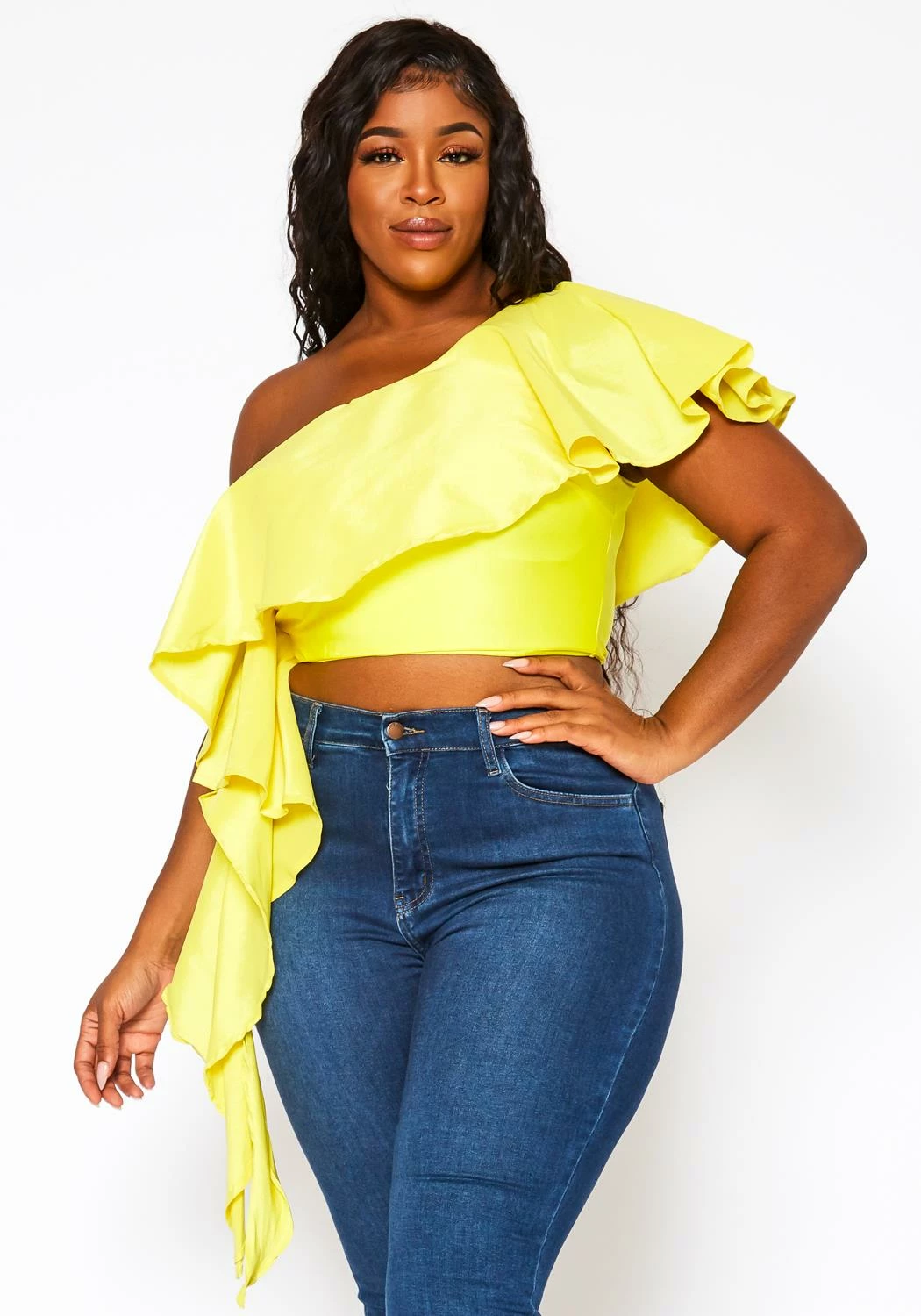 Plus Size Asymmetric Hem One Sleeve Crop Top 1 Plus Size Asymmetric Hem One Sleeve Crop Top