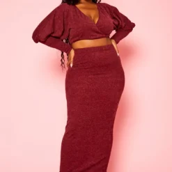 Plus Size Ribbed Knit Crop Top & Skirt Set