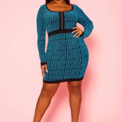 Plus Size Shimmer Greek Key Print Bodycon Dress 8 Plus Size Shimmer Greek Key Print Bodycon Dress -Radiant Drape Sales 2021134 001 1
