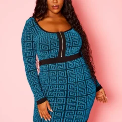 Plus Size Shimmer Greek Key Print Bodycon Dress