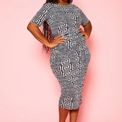Plus Size Greek Key Print Bodycon Midi Dress