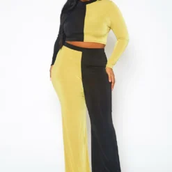 Plus Size Color Block Long Sleeve Top & Pants Set