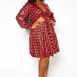 Plus Size Checkered Print Wrap Top & Pleated Skirt Set -Radiant Drape Sales 2021145 001 1