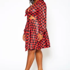 Plus Size Checkered Print Wrap Top & Pleated Skirt Set -Radiant Drape Sales 2021145 001 2
