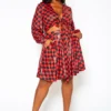 Plus Size Checkered Print Wrap Top & Pleated Skirt Set