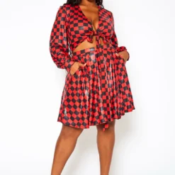 Plus Size Checkered Print Wrap Top & Pleated Skirt Set