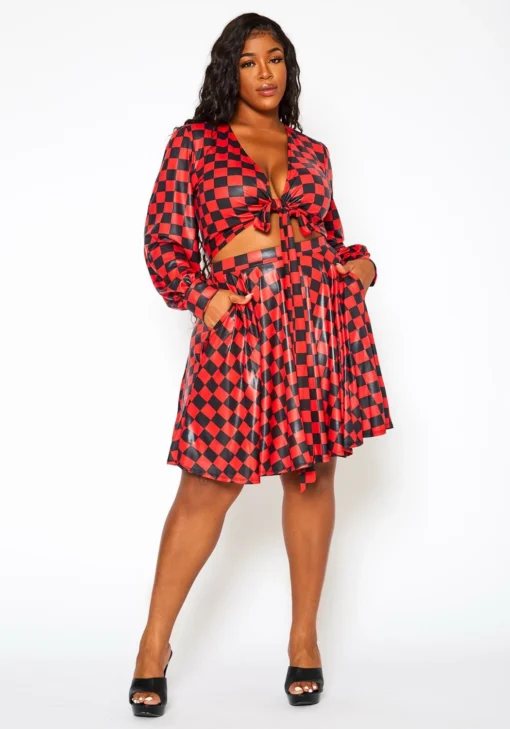 Plus Size Checkered Print Wrap Top & Pleated Skirt Set -Radiant Drape Sales 2021145 001 5