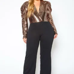 Plus Size Sequin Contrast Flare Jumpsuit