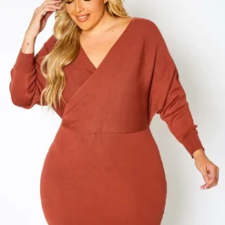 Plus Size Ribbed Knit Dolman Sleeve Mini Dress