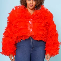Plus Size Organza Tiered Ruffle Long Sleeve Jacket