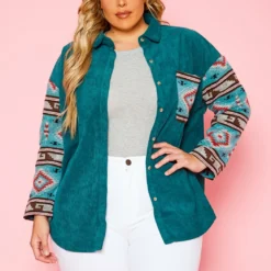 Plus Size Aztec Print Ribbed Jacket