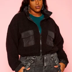 Plus Size Faux Fur High Neck Jacket