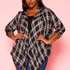 Plus Size Plaid Pattern Waterfall Drape Cardigan