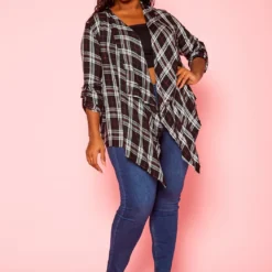 Plus Size Plaid Pattern Waterfall Drape Cardigan -Radiant Drape Sales 2021192 001 1