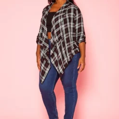Plus Size Plaid Pattern Waterfall Drape Cardigan -Radiant Drape Sales 2021192 001 2