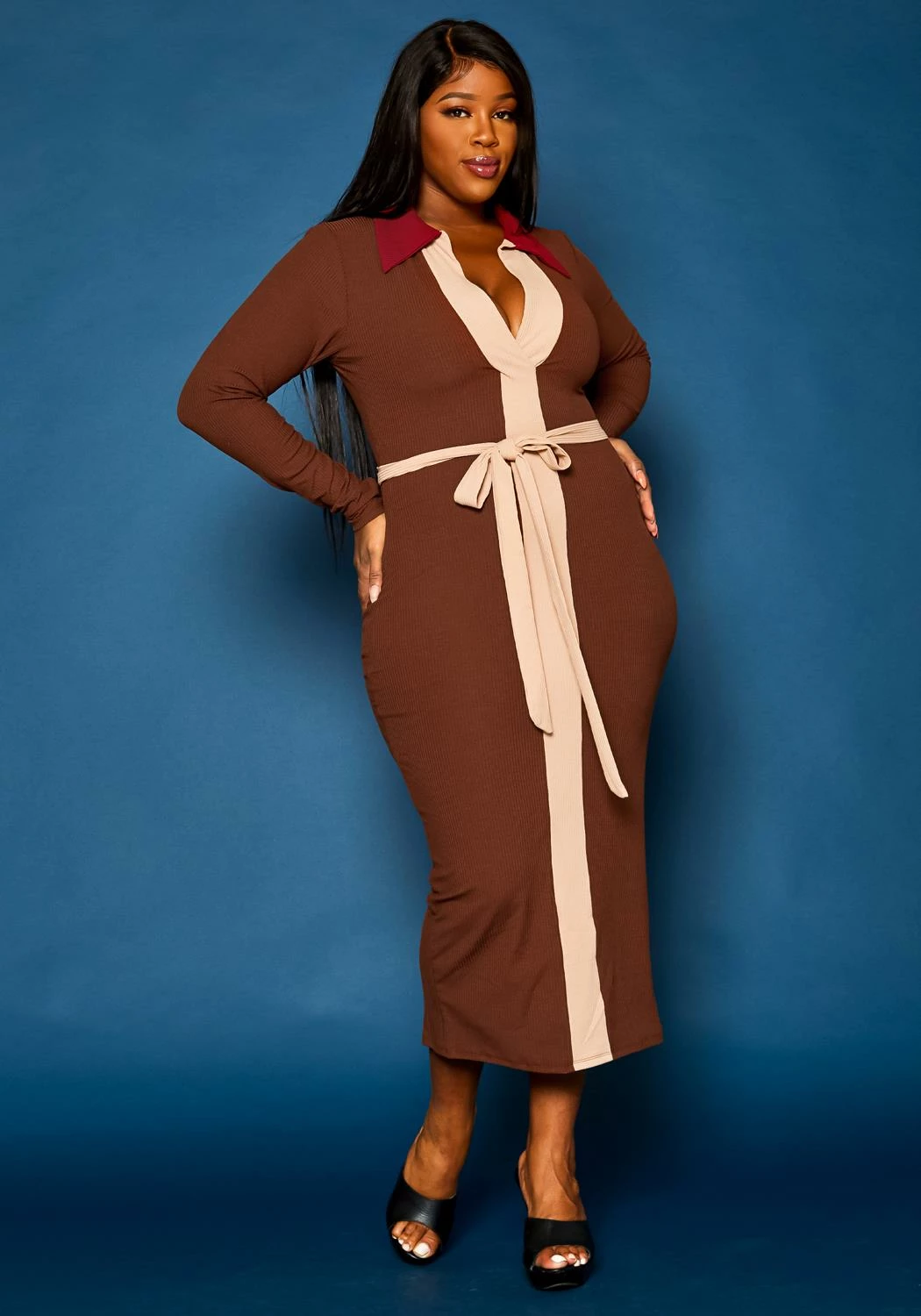 Plus Size Ribbed Knit Color Trim Midi Dress 1 Plus Size Ribbed Knit Color Trim Midi Dress