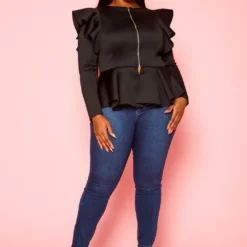 Plus Size Ruffle Shoulder Hem Peplum Jacket