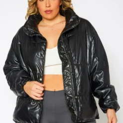 Plus Size Faux Leather Puffer Jacket