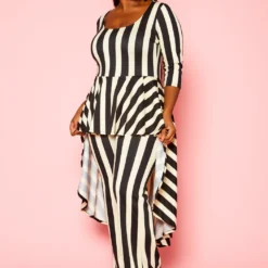 Plus Size Striped High Low Peplum Top & Pants Set -Radiant Drape Sales 2021306 001 1