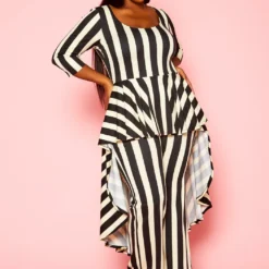 Plus Size Striped High Low Peplum Top & Pants Set