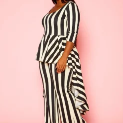 Plus Size Striped High Low Peplum Top & Pants Set -Radiant Drape Sales 2021306 001 3