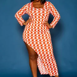 Plus Size Geometric Pattern High Low Maxi Dress