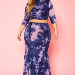 Plus Size Tie Dye Crop Top & Mermaid Flare Skirt