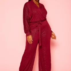 Plus Size Shimmer Long Sleeve Flare Jumpsuit