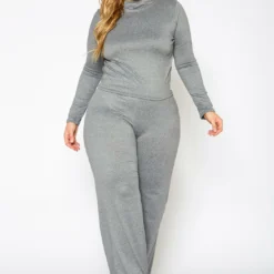 Plus Size Casual Long Sleeve & Flare Pants Set