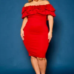 Plus Size Off Shoulder Ruffle Hem Dress
