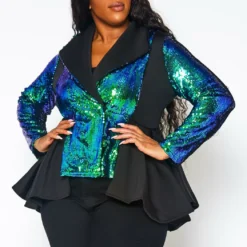 Plus Size Duo Color Sequin Peplum Blazer
