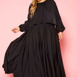 Plus Size Solid Long Sleeve Flare Maxi Skirt Set