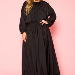 Plus Size Solid Long Sleeve Flare Maxi Skirt Set -Radiant Drape Sales 2021333 001 2