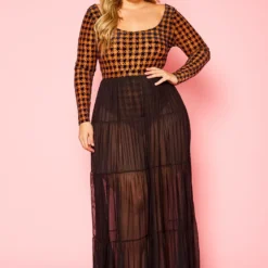 Plus Size Houndstooth Plaid Bodysuit & Tulle Skirt Set