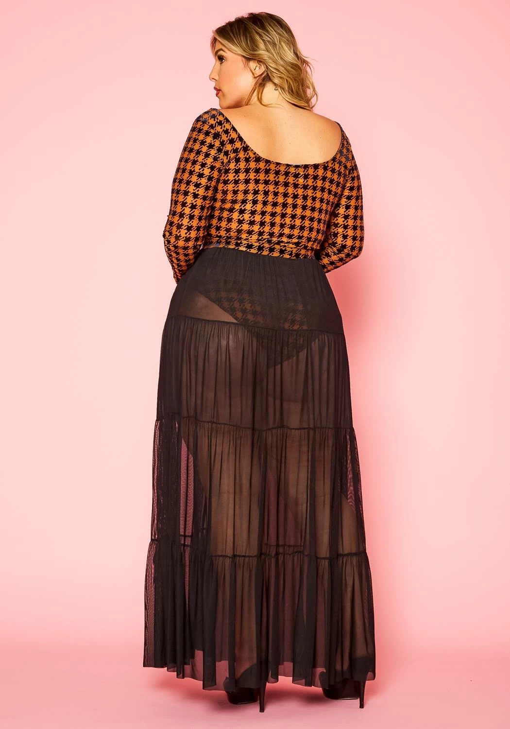 Plus Size Houndstooth Plaid Bodysuit & Tulle Skirt Set 4 Plus Size Houndstooth Plaid Bodysuit & Tulle Skirt Set - Image 4