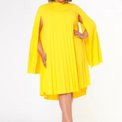 Plus Size Pleated Cape Sleeve Dress