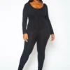 Plus Size Solid Long Sleeve Fitted Jumpsuit
