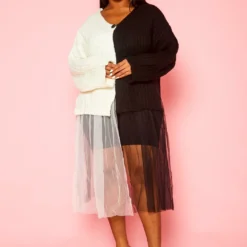 Plus Size Cable Knit Tulle Finished Cardigan