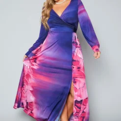Plus Size Rose Gradient Print Fit & Flare Maxi Dress