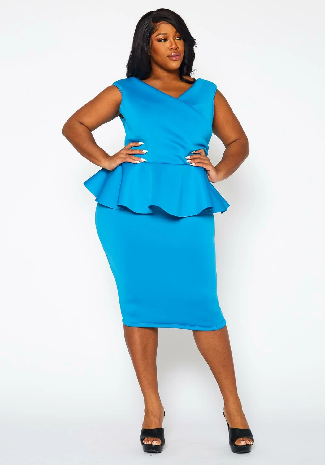 Plus Size Sleeveless V Neck Peplum Dress 2 Plus Size Sleeveless V Neck Peplum Dress - Image 2