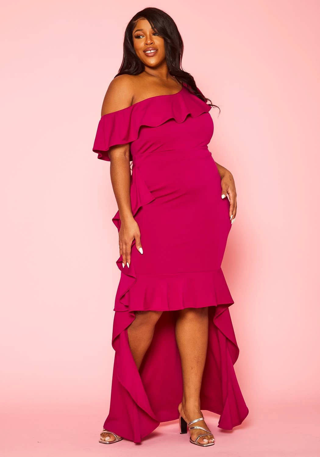 Plus Size Ruffle Trim High Low Gown 2 Plus Size Ruffle Trim High Low Gown - Image 2