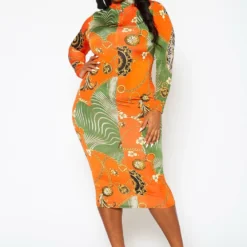 Plus Size Golden Oasis Pattern Bodycon Midi Dress