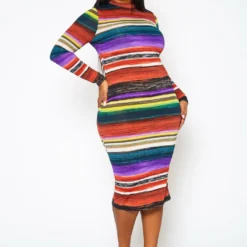 Plus Size Multi Color Pattern Long Sleeve Midi Dress -Radiant Drape Sales 2022429 001 2
