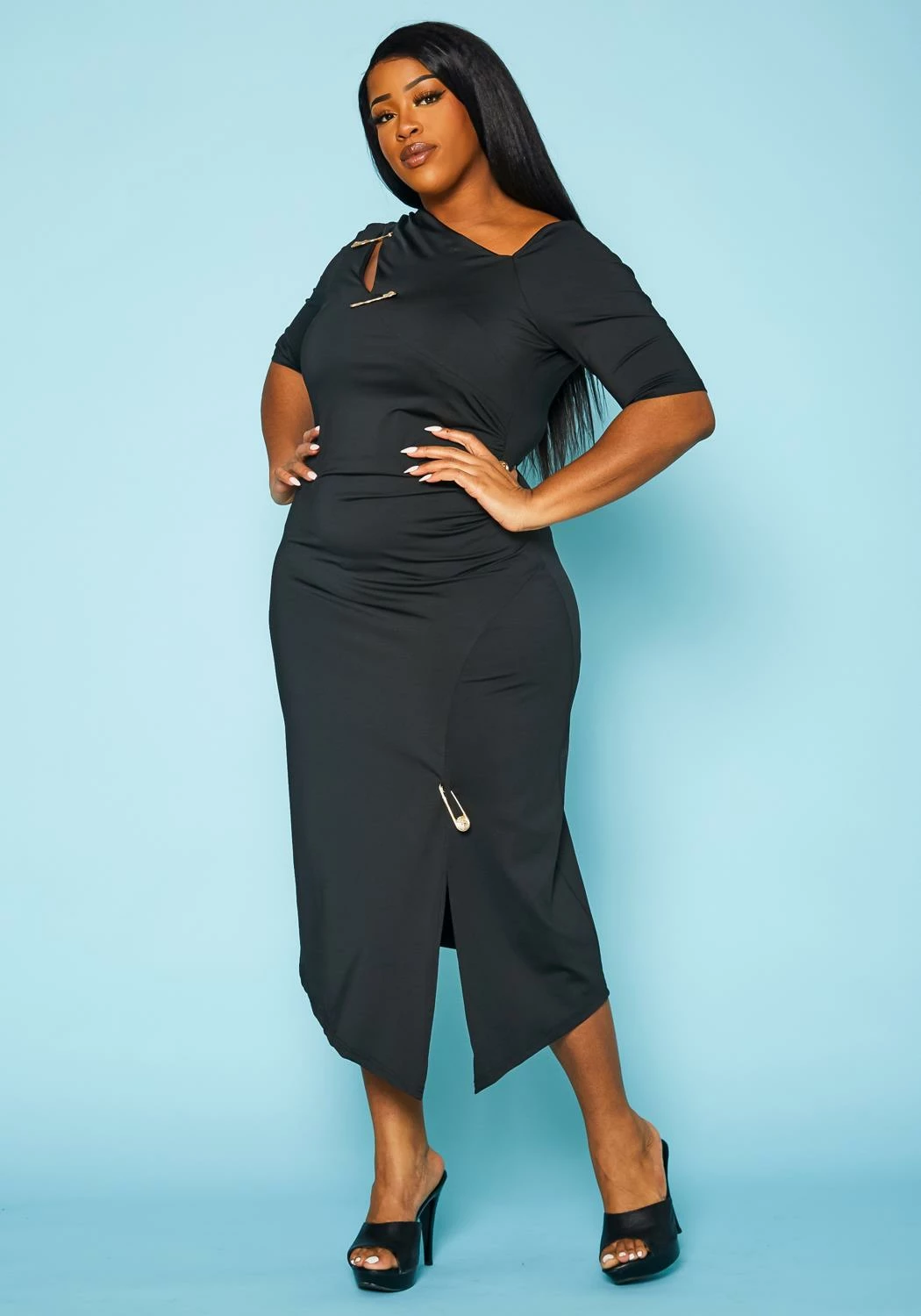 Plus Size Safety Pin Front Slit Bodycon Dress 2 Plus Size Safety Pin Front Slit Bodycon Dress - Image 2