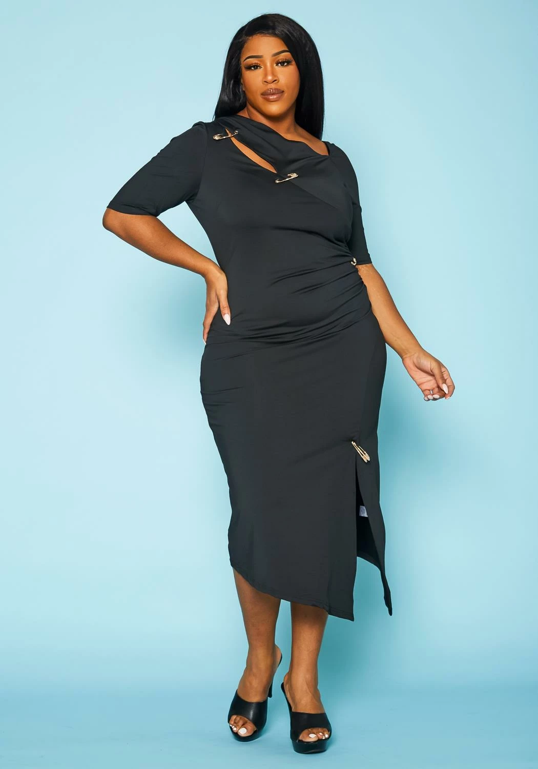 Plus Size Safety Pin Front Slit Bodycon Dress 1 Plus Size Safety Pin Front Slit Bodycon Dress