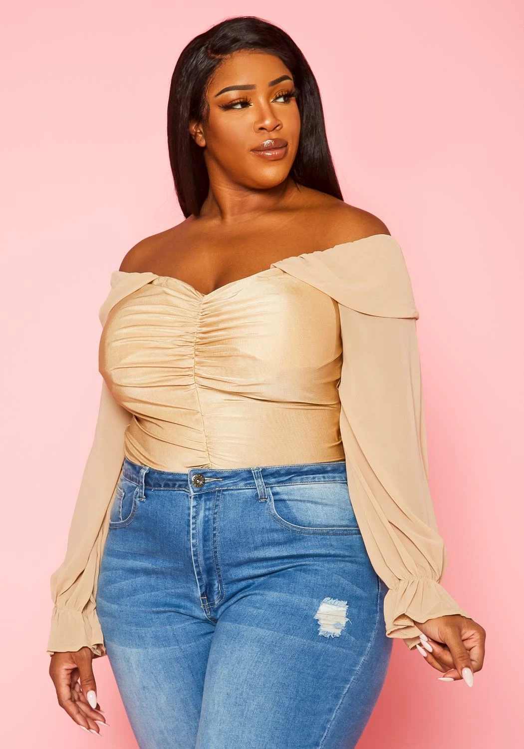 Plus Size Off Shoulder Long Sleeve Bodysuit 2 Plus Size Off Shoulder Long Sleeve Bodysuit - Image 2