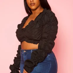 Plus Size Smocked V Neck Long Sleeve Crop Top -Radiant Drape Sales 2022455 001 2