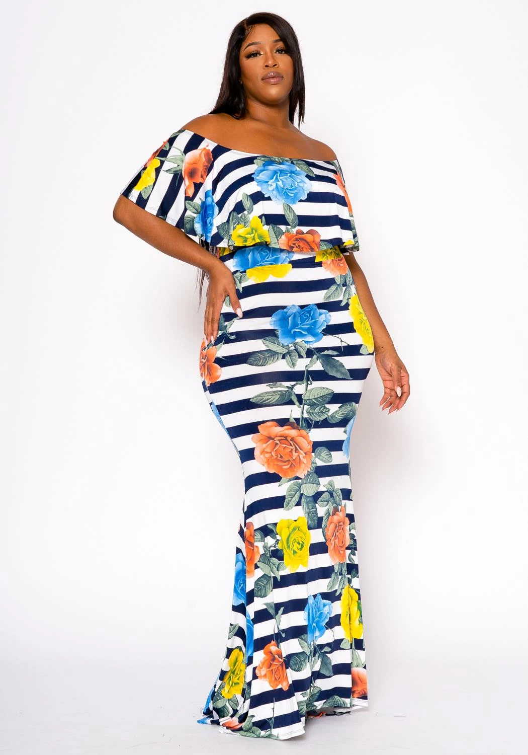 Plus Size Floral Striped Fit & Flare Maxi Dress 2 Plus Size Floral Striped Fit & Flare Maxi Dress - Image 2