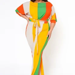 Plus Size Multi Striped Crop Top & Pants Set