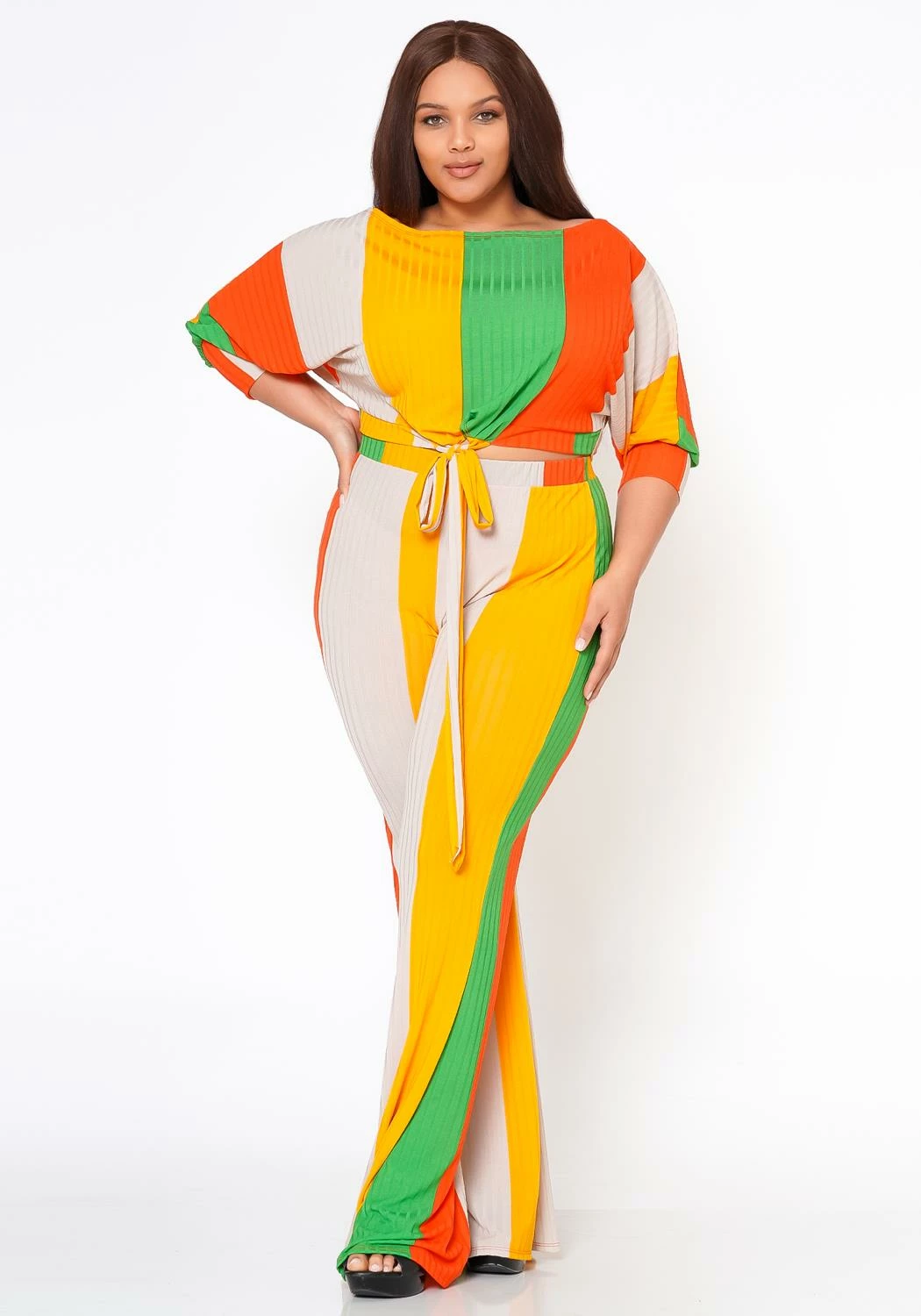 Plus Size Multi Striped Crop Top & Pants Set 1 Plus Size Multi Striped Crop Top & Pants Set